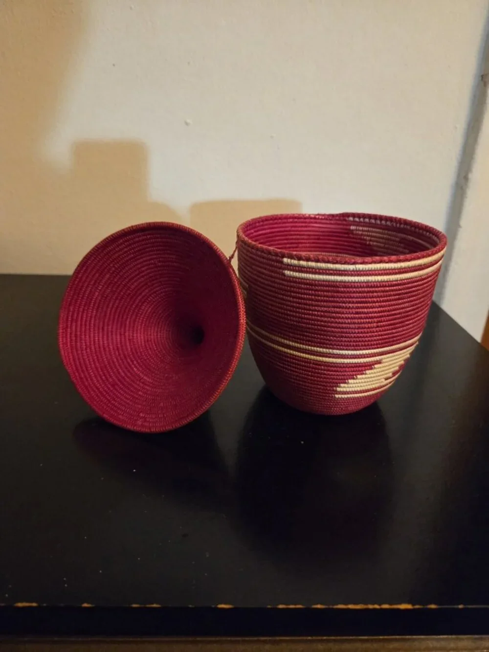 Lidded basket; handmade Rwandan craft; red & cream; Certificate of Authenticity